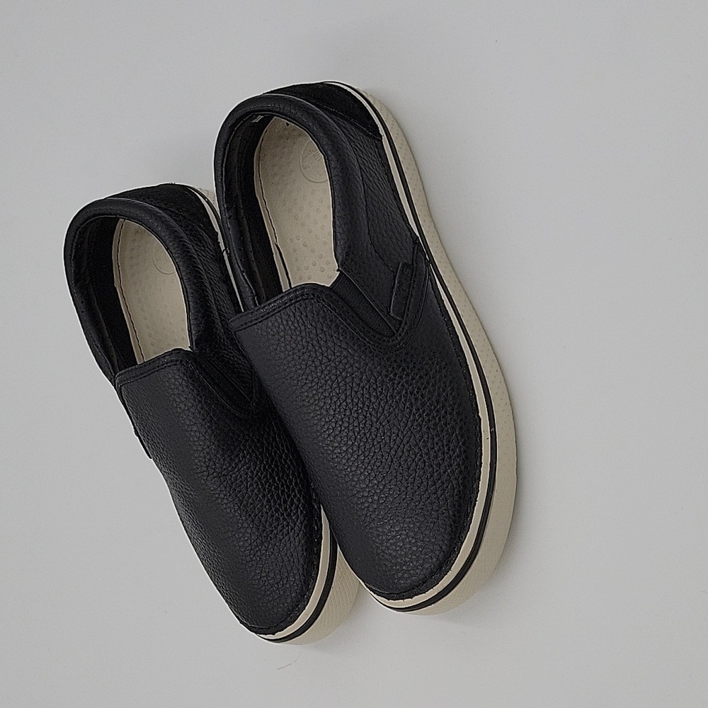 CROCS Black Pebbled Slip-On Flats with Off-White Sole